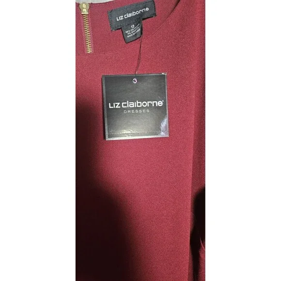 Liz Claiborne Women's Wine Red Ruffle Dress 3/4 Bell Sleeve Size 12 Old Money - Picture 4 of 6